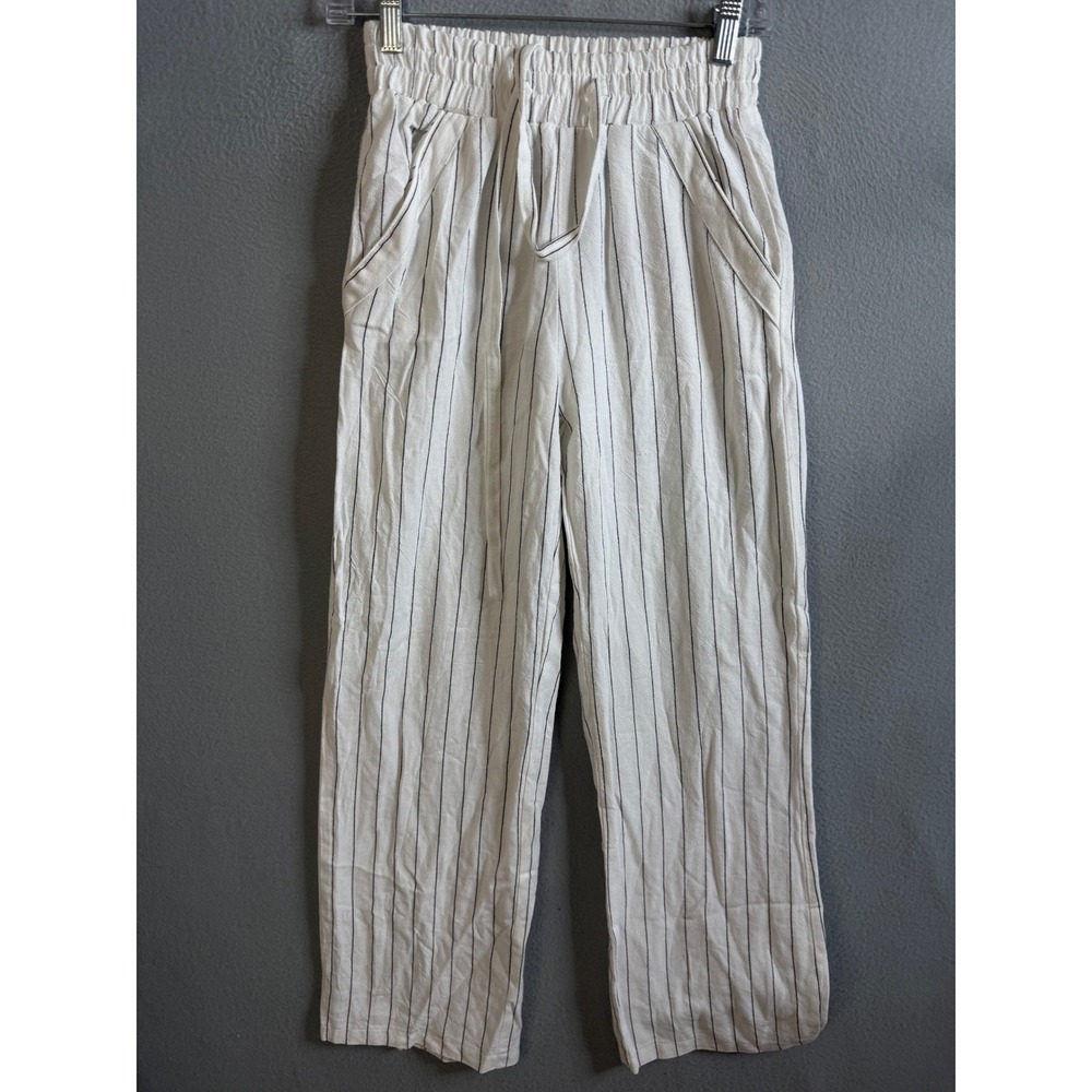 Sienna Sky Pants Women's XS White Striped Linen‎ Blend Wide Leg Drawstring